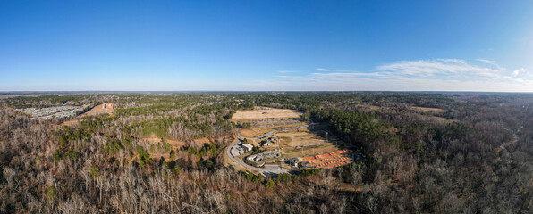 Aerial landscape Blanchard park forest winter after Hurricane Helene in Evans Augusta Georgia