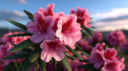 Obraz premium Close-up of Pink Rhododendron Flowers Against a Cloudy Sky