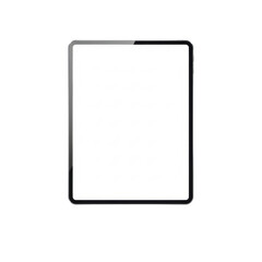 A sleek, modern black tablet computer with a blank white screen for copy space, floating centrally in a clean transparent studio with a soft shadow. Concept of modern technology advertising