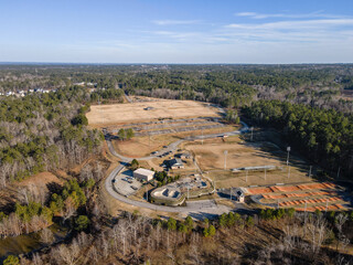Aerial landscape Blanchard park forest winter after Hurricane Helene in Evans Augusta Georgia