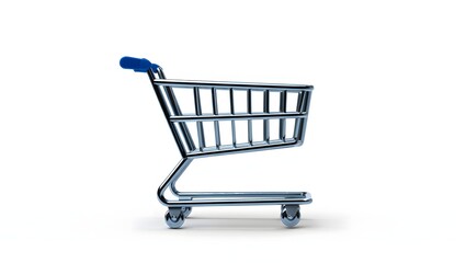 Shopping cart with blue handle isolated on white background supermarket trolley, grocery basket, market carriage, retail pushcart, store wagon, consumerism, commerce, sale, online shop