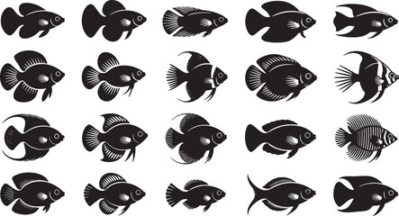 Diverse black fish silhouettes with fins and tails white background aquatic