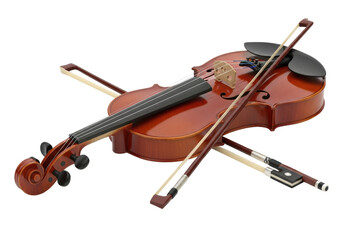 Fototapeta premium Classic reddish-brown, high-gloss wooden violin resting with a dark violin bow on transparent studio background with copy space, soft lighting, sharp focus. Concept of musical artistry and timeless