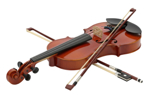 Classic reddish-brown, high-gloss wooden violin resting with a dark violin bow on transparent studio background with copy space, soft lighting, sharp focus. Concept of musical artistry and timeless - Powered by Adobe
