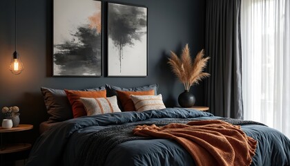 Moody boho bedroom features dark tones, textured throws, bold abstract wall art. Comfortable bed with dark blue bedding, rust orange, cream cushions, dark knit blanket. Stylish interior design with