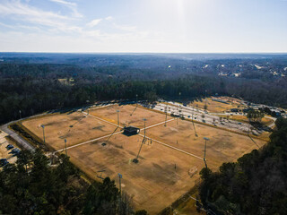Aerial landscape Blanchard park forest winter after Hurricane Helene in Evans Augusta Georgia