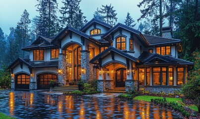 Obraz premium Luxurious house in a wooded area at twilight