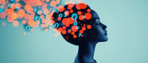A silhouette of a woman with colorful digital elements emerging from her head, symbolizing creativity and innovation in thought.