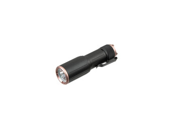 A compact black and copper-colored LED flashlight, isolated on a white back