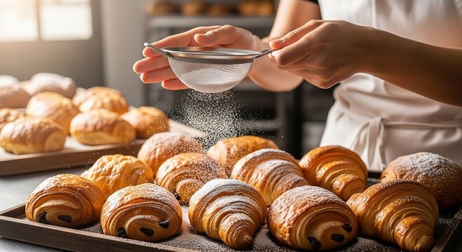Baker dusting fresh croissants with powdered sugar in warm bakery kitchen setting - Powered by Adobe