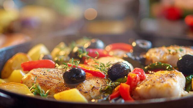 Baked Cod with Mediterranean Vegetables and Olives. Zoom in.