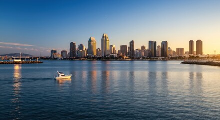Fototapeta premium San Diego Skyline at Sunset with Boat on Calm Water and Golden Reflections