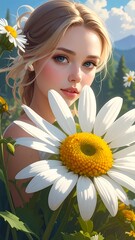 Beautiful woman with daisy flowers