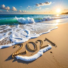 Beautiful beach sunrise with 2021 in the sand