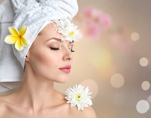 Beautiful woman with flowers and towel