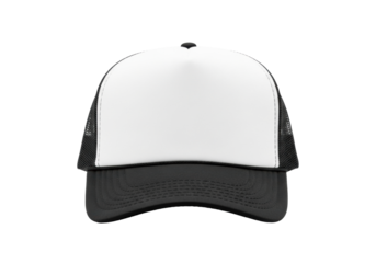 Single structured trucker hat, blank white front, black mesh back & brim, direct front angle studio shot against seamless transparent for product customization display