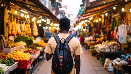 Young man with backpack walking through a vibrant outdoor market filled with fresh produce and goods.