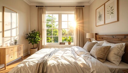 Sunny bedroom with large windows, light beige walls, wooden furniture, and a comfortable bed