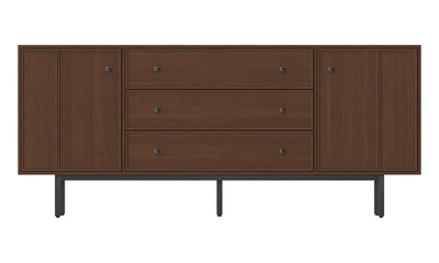 A contemporary wooden sideboard features three drawers in the middle and doors on the sides, set against a black background.