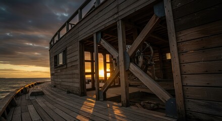 Obraz premium Weathered Wooden Shipwreck Deck at Dramatic Sunset with Ocean Horizon