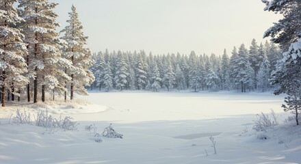 Fototapeta premium Serene Winter Landscape: Snow-Covered Pine Forest Reflecting on Frozen Lake