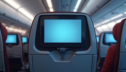Modern airplane economy class cabin interior. Empty seats with integrated backrest screens, comfortable seating. Rows of seats with digital entertainment displays create sleek, contemporary travel
