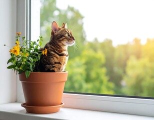 Bengal cat in terracotta pot by window
