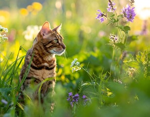 Bengal cat in a sunlit meadow