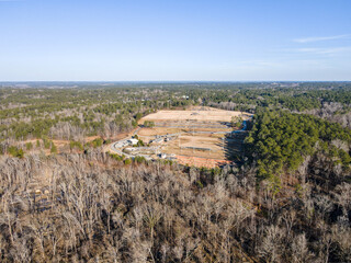 Aerial landscape Blanchard park forest winter after Hurricane Helene in Evans Augusta Georgia