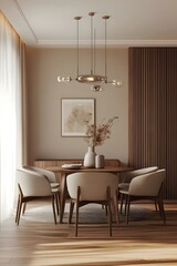 Modern dining room with wooden table, chairs, and a woven pendant light