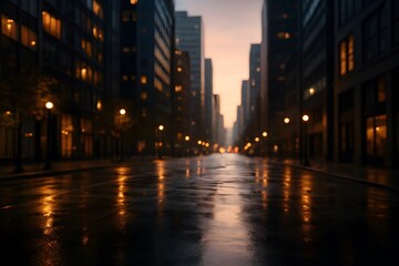 Rua de uma cidade vazia ao anoitecer. 