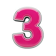 Glossy Pink Number 3 Three 3D Render with White Outline and Black Shadow, Isolated on Transparent Background for Graphic Design and Decoration