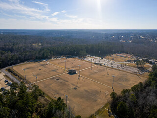 Aerial landscape Blanchard park forest winter after Hurricane Helene in Evans Augusta Georgia