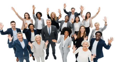 Diverse multi-ethnic group in mixed attire, smiling, waving, thumbs-up, high-angle white studio shot with copy space, concept of unified team success