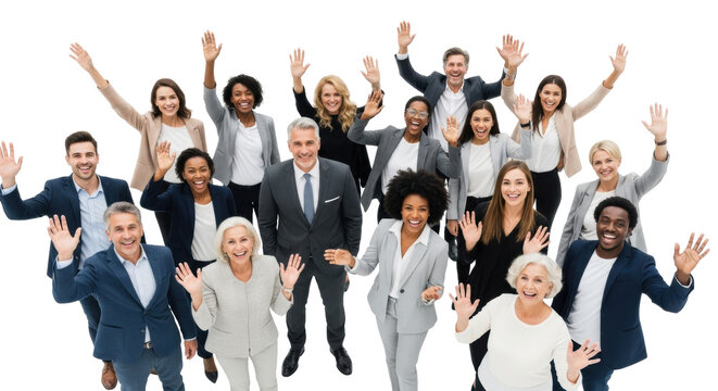 Diverse multi-ethnic group in mixed attire, smiling, waving, thumbs-up, high-angle white studio shot with copy space, concept of unified team success