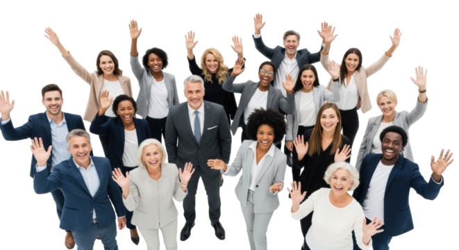 Diverse multi-ethnic group in mixed attire, smiling, waving, thumbs-up, high-angle white studio shot with copy space, concept of unified team success - Powered by Adobe