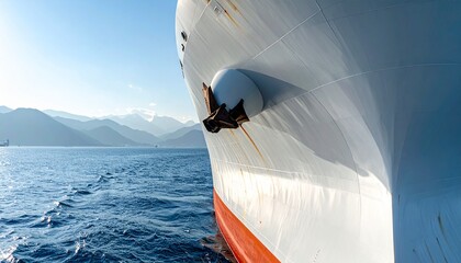Front Bow of a Cargo Vessel with Anchor, Ocean and Mountain Background
