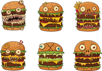 Grotesque monster burgers vector set, cartoon horror food illustration, creepy hamburger characters, funny fast food design for Adobe Stock content