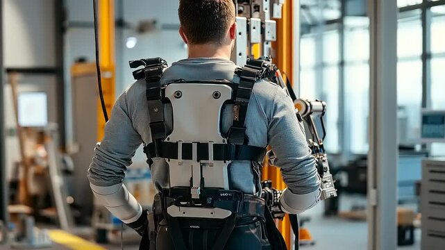 Worker in exoskeleton suit operating machinery in a modern industrial workspace, showcasing innovation