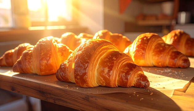 Freshly baked croissants on a wooden counter in sunlight