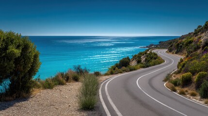 Ultra quality image of winding road curves to turquoise sea; vast horizon; sunny day; travel inspiration.