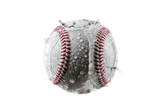transparent baseball with bold red stitching, drenched in glistening droplets and dynamic splashes, against a deep black background, captured with high-speed photography, concept of frozen sports