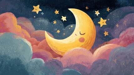 Enchanting Dreamscape: A whimsical illustration of a crescent moon nestled among clouds