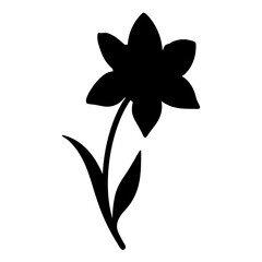 Silhouette of Blooming Spring Flower-Black silhouette of a six-petal flower with long stem and leaves, isolated on white background, suitable for decoration and floral design.