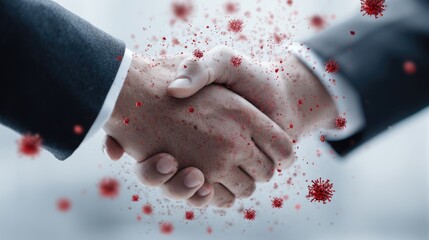 Businessmen handshake with virus particles floating around. Covid-19 prevention, risk and hygiene concept