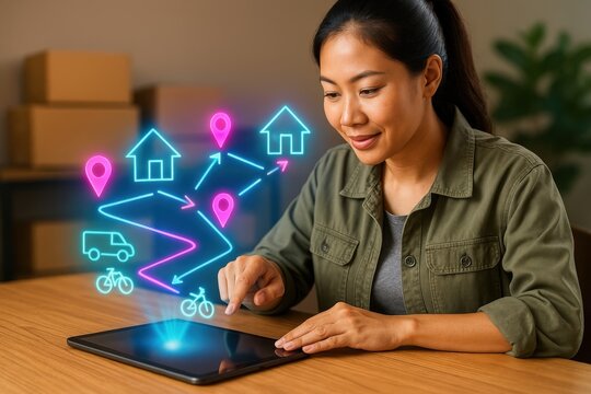 a woman using a tablet with an augmented reality map projection, illustrating delivery routes and tracking, conceptualizing logistics and navigation