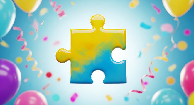 Children day a puzzle piece with balloons and confetti, symbolizing autism awareness and acceptance, promoting inclusivity and support for neurodiversity