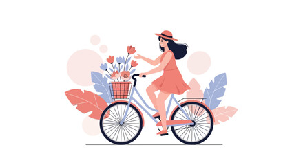 Woman Enjoying Bicycle Ride Amidst Floral Delights, A Joyful Springtime Scene