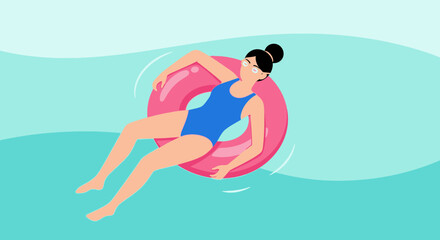 Fototapeta premium Woman Floating on a Pink Inflatable Tube in Water on a Sunny Day