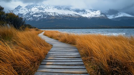 Wooden path leads to a serene lake, mountains with snow-capped peaks in the background, surrounded by tall autumnal grasses